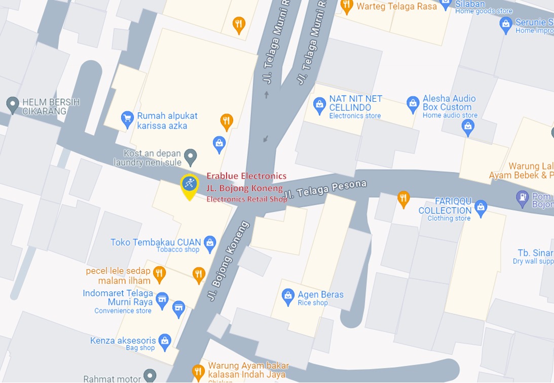 Peta ke toko EraBlue di  Jl. Bojong Koneng, RT 002, RW 003, terletak di Kel/Desa Telaga Murni, Kecamatan Cikarang Barat, Kabupaten Bekasi, Provinsi Jawa Barat